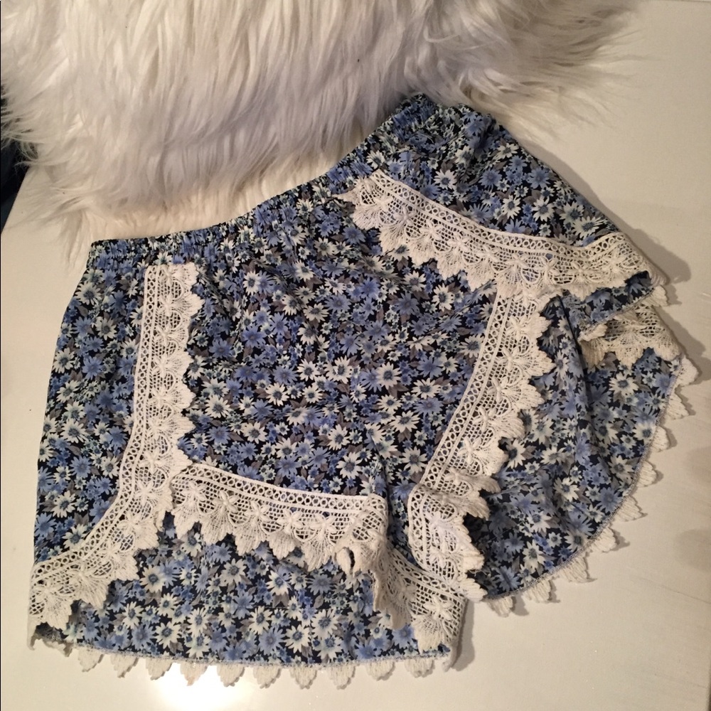 Blue and white floral crotchet shorts
